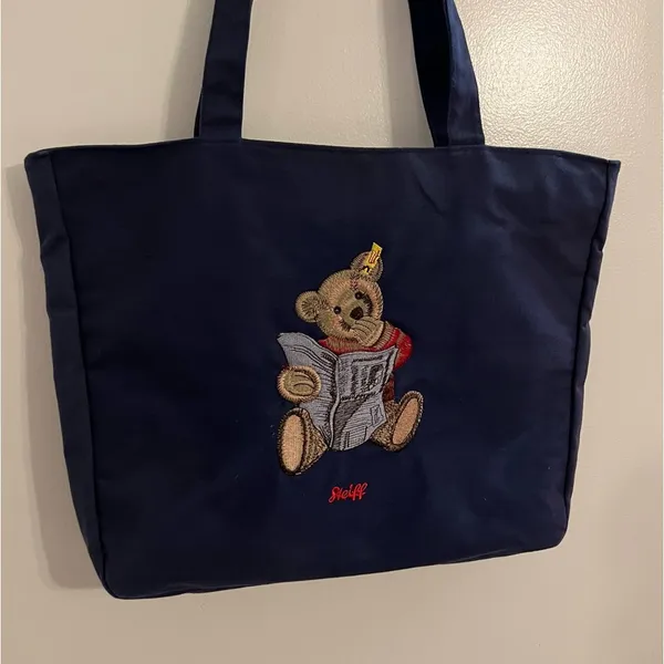 Vintage Steiff Canvas Tote Bag Embroidered Steiff Teddy Bear Zipper Closure Blue - Image 3