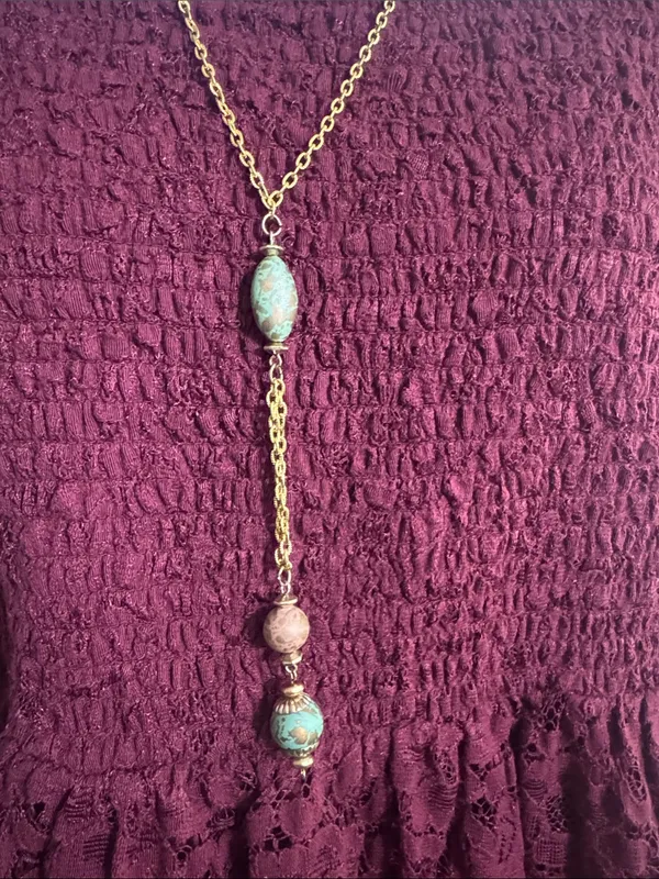 Vintage Gold-Tone Long Pendant Necklace with Turquoise Beads - Women Jewelry - Image 3