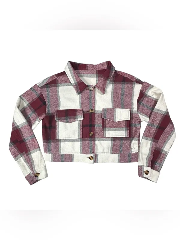 Women’s Cropped Plaid Shacket Jacket Burgundy Cream Size M Button Front - Image 2