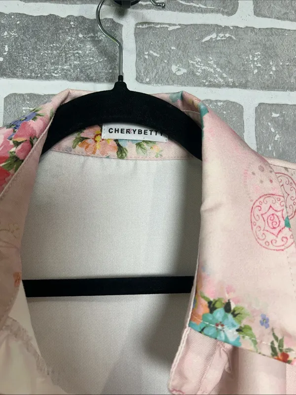 CherryBetty Pink Floral Ruffle Button Front Jacket Blazer Med Cottagecore Romant - Image 3