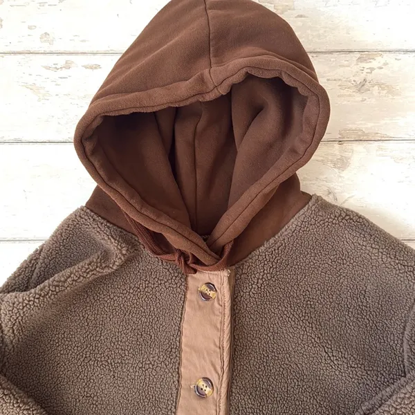 H&M Womens M Brown Fleece Sweater Coat Button Hooded Jacket Faux Sherpa Medium - Image 3