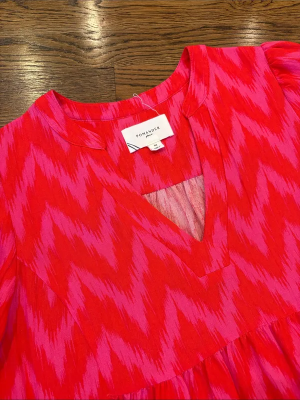 Tuckernuck Pomander Place Kenzo Pink-Red Zigzag Smocked Sleeve Tiered Dress, M - Image 3