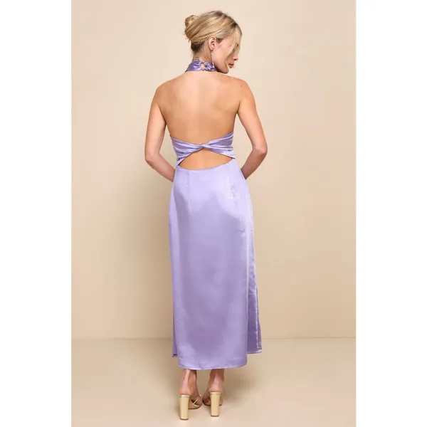 Lulus Perfectly Sleek Lavender Satin Halter Slip Midi Dress Banquet Extra Small - Image 3