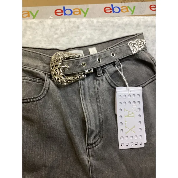 Le ALX Western Belt Jeans Grey High‎ Rise Straight Leg Raw Hem Size 27 NEW - Image 2