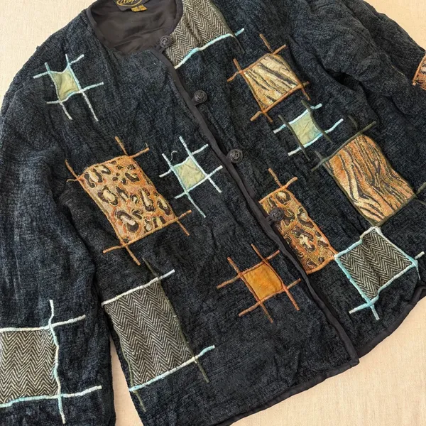 Alex Kin Vintage Patchwork‎ Animal Print Jacket Black Missy Large Art to Wear - Image 6