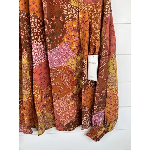 AURA Blouse Womens Size L Patchwork Tie Neck Long Sleeve Bohemian Relaxed Fit - Image 6