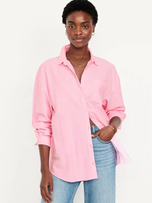 Old Navy The Boyfriend Shirt Pastel Pink Oversized Button Down Long Sleeve Large - Image 7