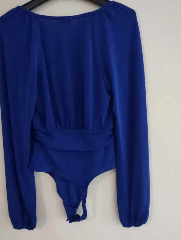 Free People Royal Blue Long Sleeve V-NeckThong Bodysuit Size Large - Image 4