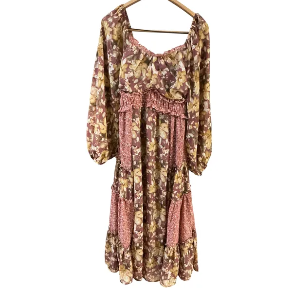 &merci Womens Mixed Floral Tiered Smocked Midi Dress Mauve‎ Rose Mustard Small - Image 9