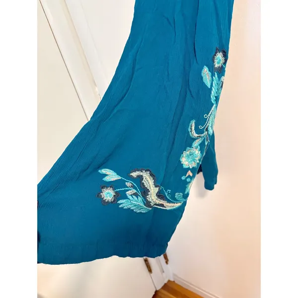 Curations Teal Blue Embroidered Wide Leg Pants Boho Crinkle Viscose Pockets M - Image 4