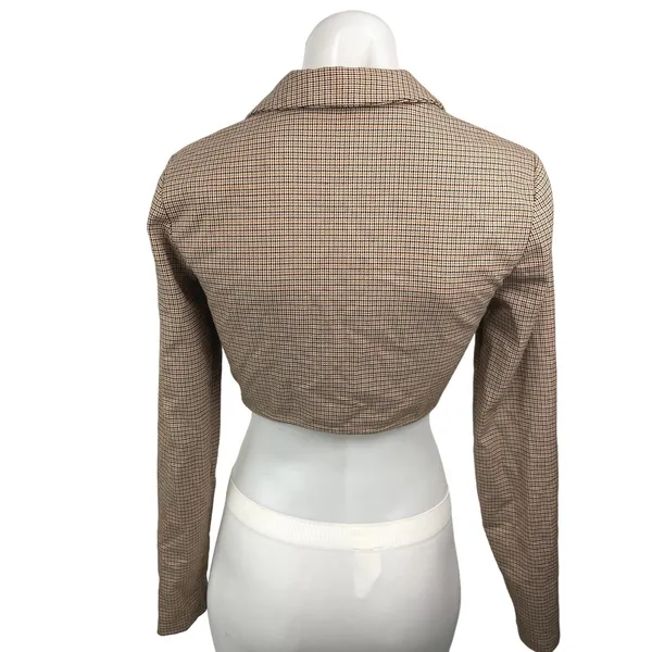 Zara Beige Houndstooth Collared Notch Lapel Long Sleeve Blazer Crop Top Size XS - Image 2