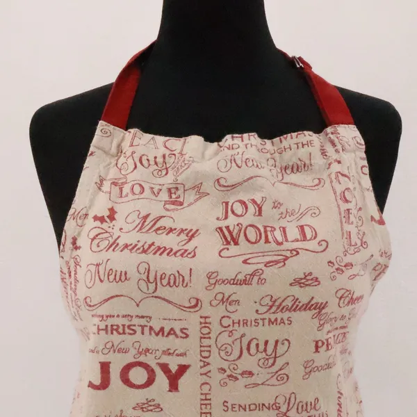 Vintage Holiday Christmas Apron Kitchen Womens Size OS Red Cream Joy Love Pocket - Image 3
