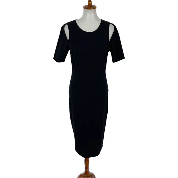 Fabletics Black Midi Dress Large Short Sleeve Bodycon Activewear Gym Athleisure - Image 2