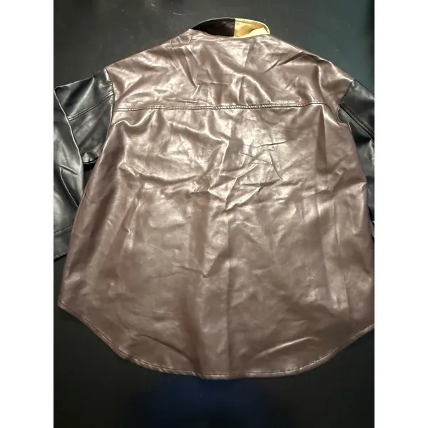 Mittoshop Womens Colorblock Faux Leather Shacket Brown Tan‎ Black Size L - Image 5