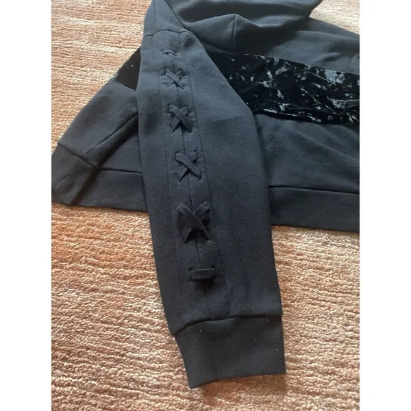 Victoria'S Secret Pink Cropped Hoodie Velvet Logo Long Sleeve Black Sz S - Image 6