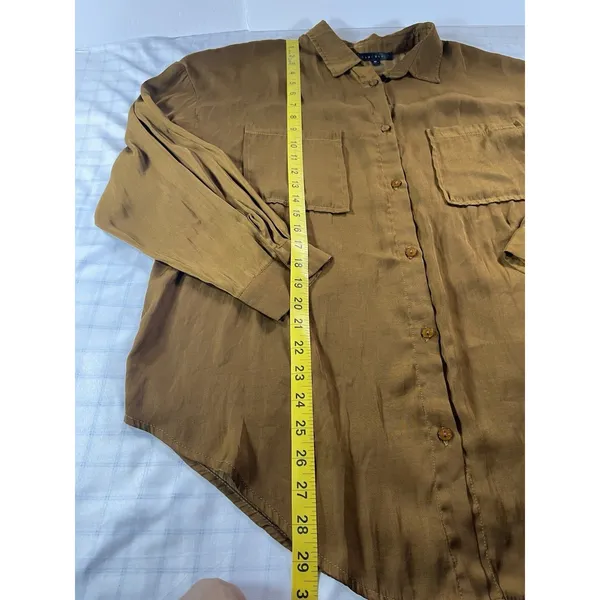 Blue Blush Womens Medium Olive Brown Satin Button Down Shirt Oversized Pocket To - Image 6