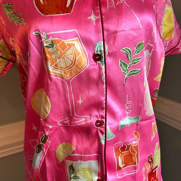 Women's Pink Satin Short Pajama Set with Cocktail Print - Image 2