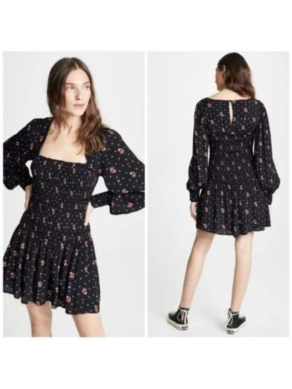 Free people two faces black smock drop waist long puff sleeve min dress - Image 2