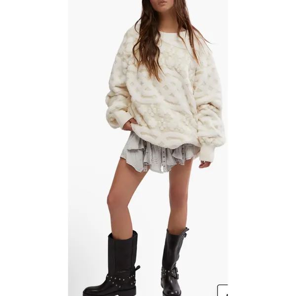NWOT Free People Cable Knit Faux Fur Oversized Sweatshirt | Ivory Cream Sz Small - Image 6