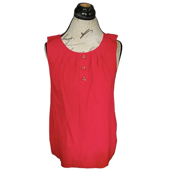 Talbots Blouse Top Sleeveless Womens Sz 6 Red Ladybug Buttons Pleated Bib Preppy - Image 2