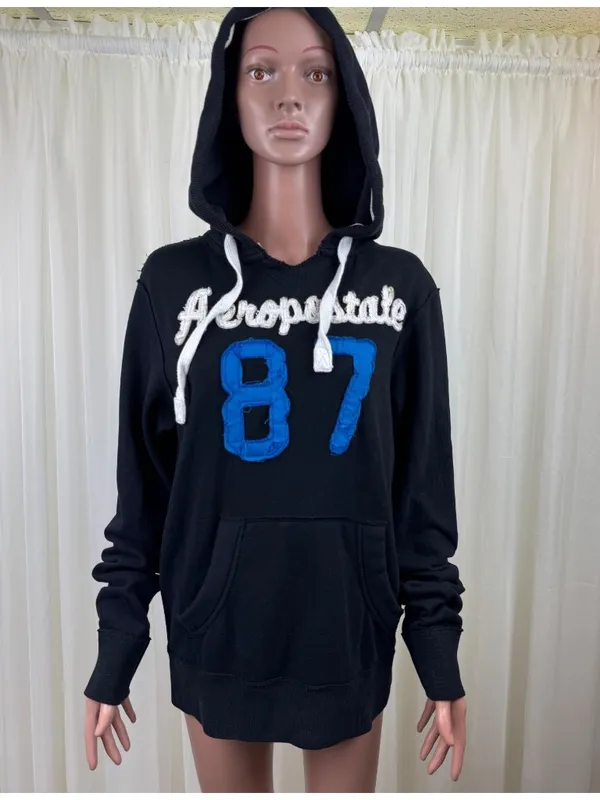 Aeropostale 87 Hoodie Sweatshirt Small Black Pullover Logo Kangaroo Pocket Y2K - Image 2