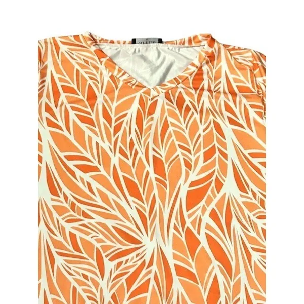 Bon Apple Tea Womens XL Orange White Leaf Print Tunic Blouse Tropical‎ Resort - Image 10