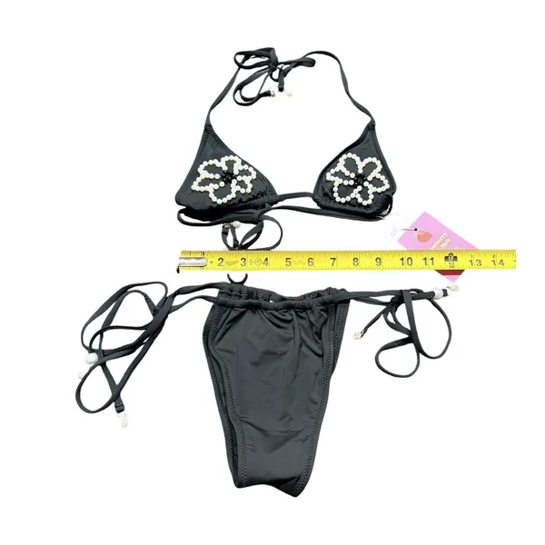 Strawberry Milk Bob Triangle Bikini Set Small Black Pearl Floral Beaded NWT - Image 4