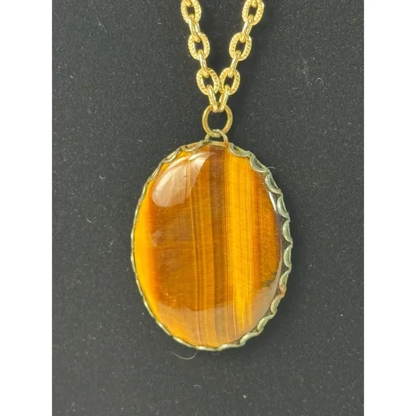 Vintage Tigers Eye Oval Pendant Necklace Gold Tone‎ Chain Boho Statement 24 Inch - Image 2