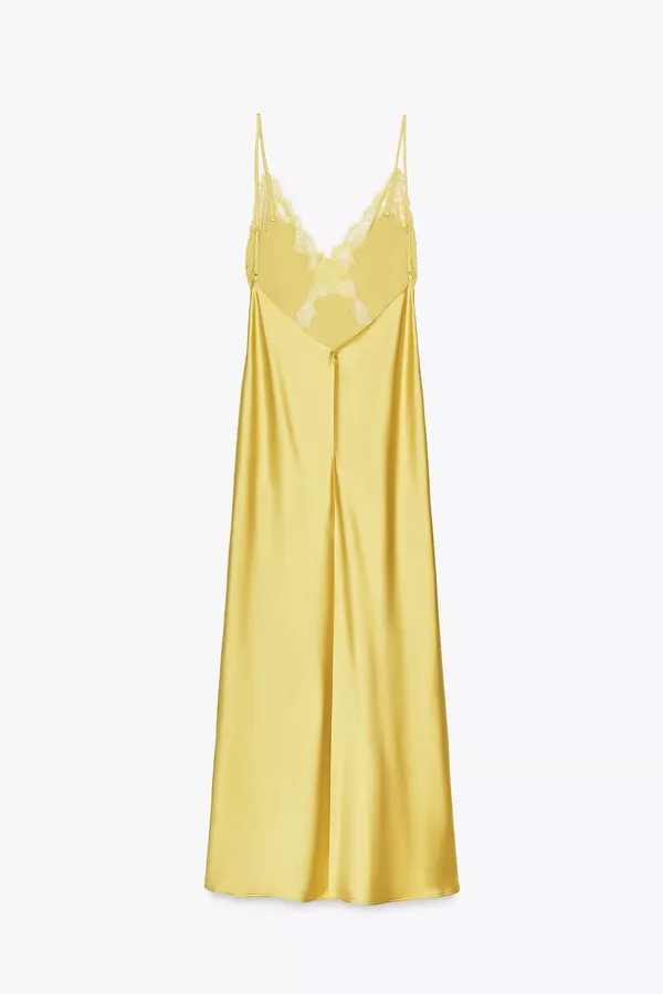Zara Lace-Trim Slip Satin Maxi Dress in Mustard Chartreuse Yellow - Image 9