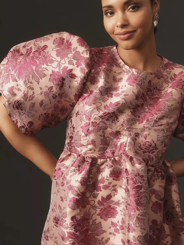 By Anthropologie Puff Short-Sleeve Babydoll Mini Dress Pink Floral Medium - Image 4