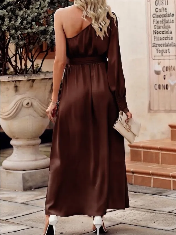 $60 NWOT KIRUNDO Women's Satin Long Sleeve One Shoulder Maxi Dress M - Image 4