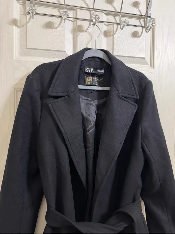 Zara Manteco Wool Wrap Black Long Length Coat - Image 6