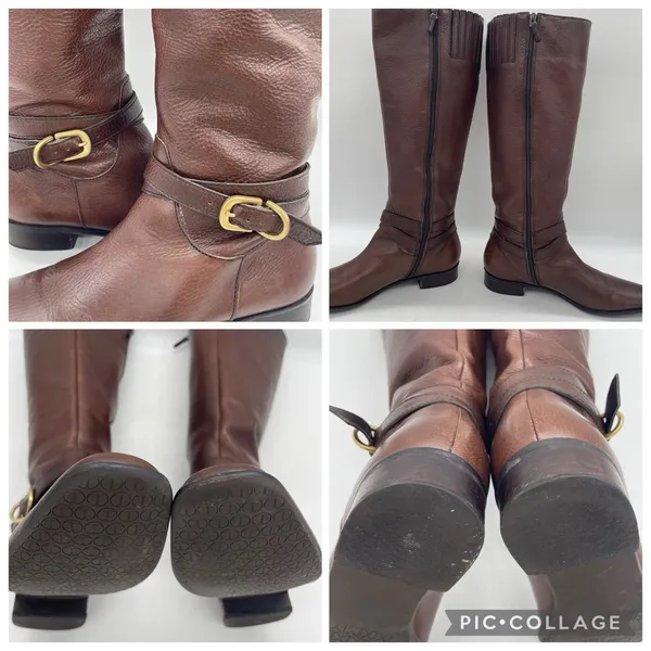 Talbots Womens 7AA Riding Boots Tall Brown Pebbled‎ Leather Gold Buckle Full Zip - Image 6