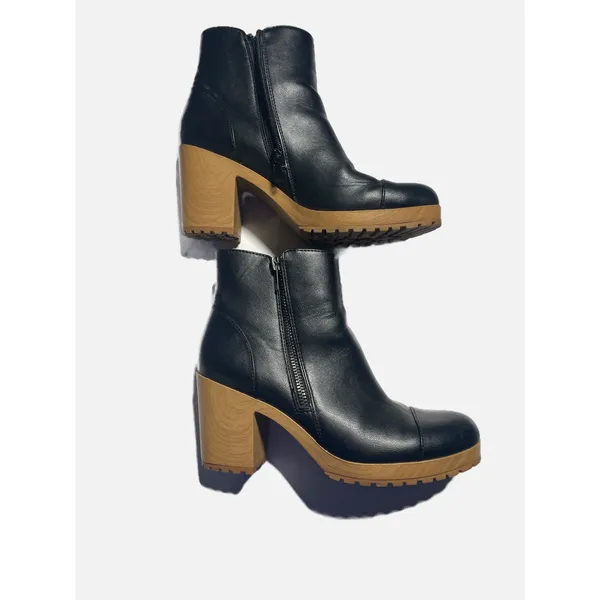 Sun +‎ Stone Platform Ankle Boots Womens 8.5 Black Faux Wood Block Heel Lug Sole - Image 2