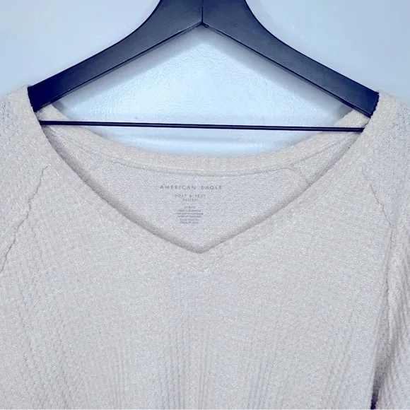 American Eagle Cream Soft & Sexy Plush Waffle‎ Knit V-neck Loungewear Top Size L - Image 3