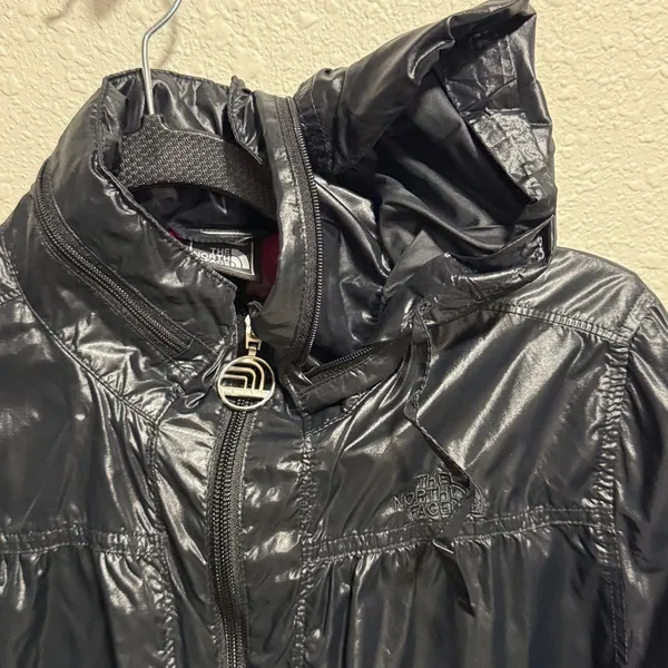 The North Face Hide away hoodie Woman's Black Shiny Windbreaker Full‎ Zip Small - Image 12