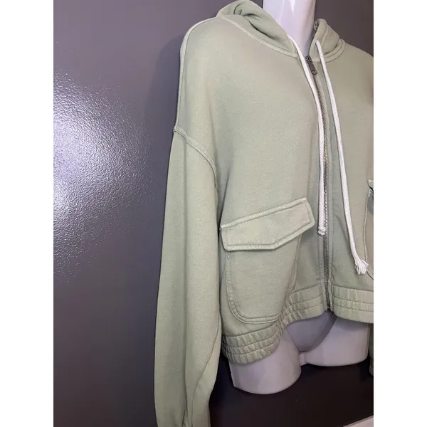 Aerie Hoodie Womens Large Green Full Zip Cropped Terry Cargo Pockets Sweatshirt - Image 3