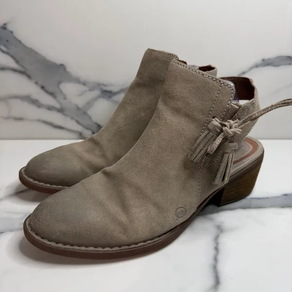 Born Taupe Leather Monikah Boots Sz 9.5 Festival Boho Western Fringe Side Zip - Image 3