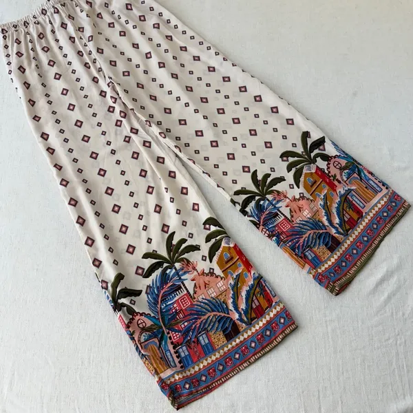 Love Wish Womens Large Wide Leg Tropical‎ Border Print Rayon Elastic Waist Pants - Image 10