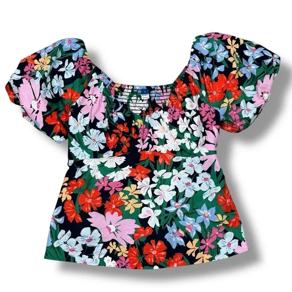 Old Navy Floral Puff Sleeve Peplum Flared Hem V‎ Neck Top Shirt Blue Multi Small - Image 13