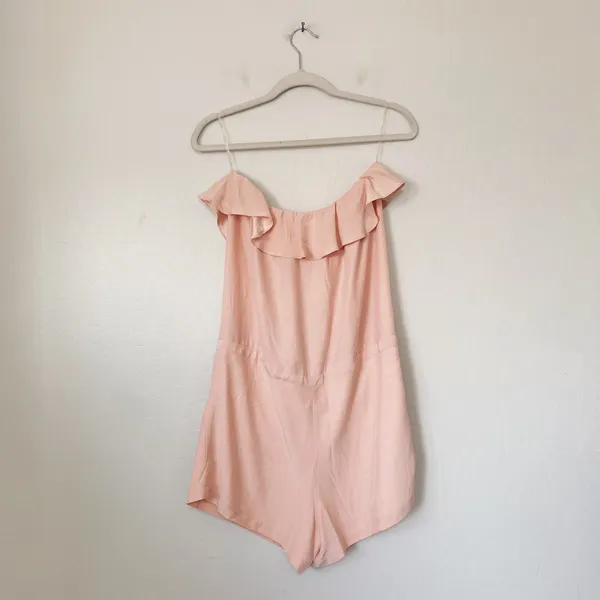 Amanda Uprichard Silk Strapless Ruffle Drawstring Romper Blush Pink Size L - Image 4
