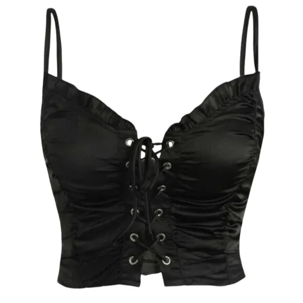 Cider NWT Lace Up Bustier Corset Eyelet Detail Smock Crop Top Adjustable Strap M Black - Image 2
