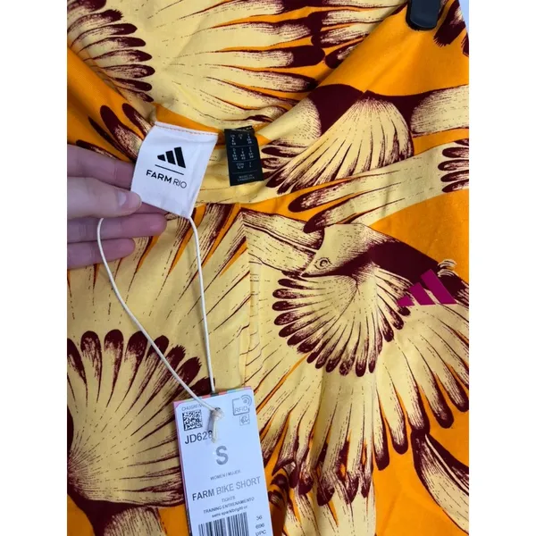 adidas x FARM Rio yellow Toucan bird Print Bike Shorts Orange High Waist S - Image 6