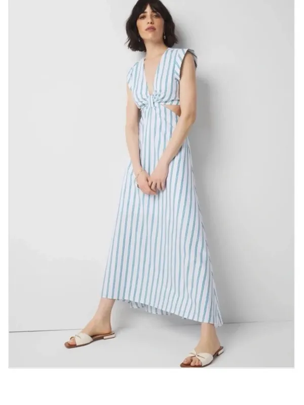 NWT White House Black Market Blue White Striped Cutout Maxi Dress Double Stripe - Image 2