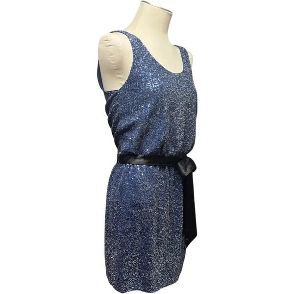 Express Sleeveless Sequin Mini Dress with Satin Sash Blue Black XS - Image 5