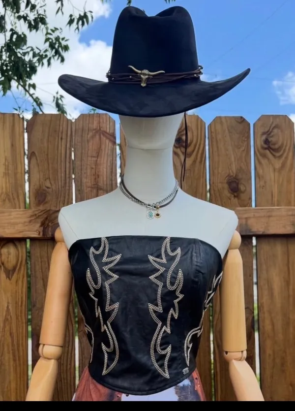 Lucky & Blessed Black Leather Boot Stitch Embroidered Corset - Image 4