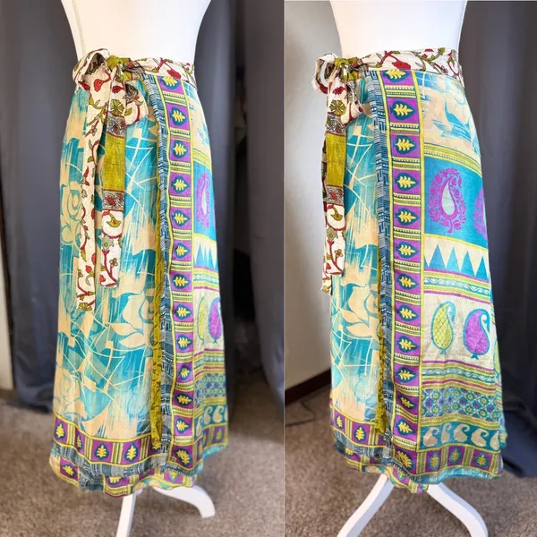 Reversible boho Silk Wrap Skirt Womens OS Turquoise Gold Floral Maxi - Image 4