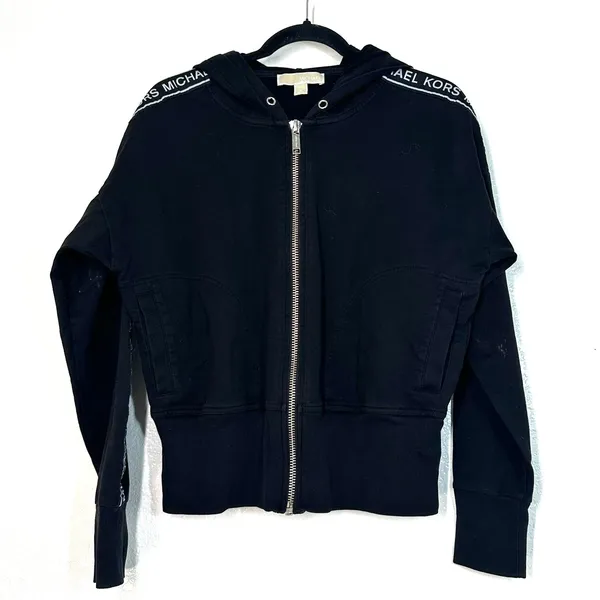 M black Michael Kors zip-up hoodie hood signature logo tape stripe MK Sweatshirt - Image 2