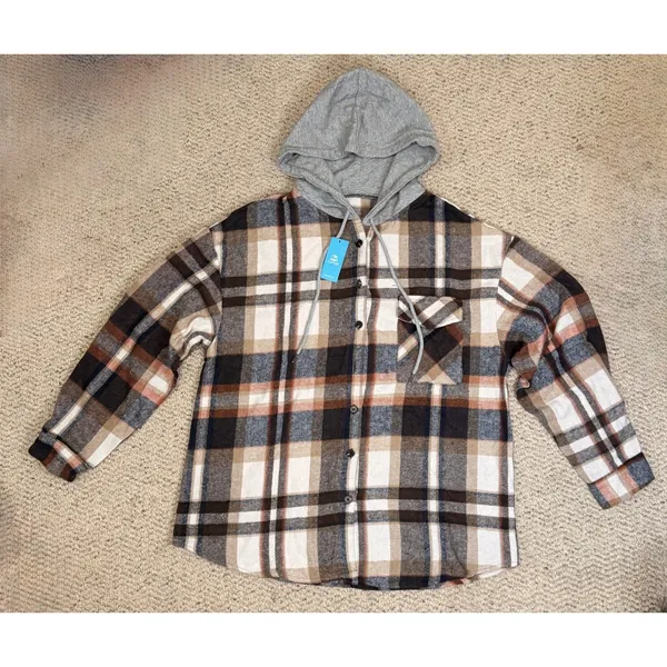 Cabincore Plaid Hooded Shacket Brown Cream Button Front Cozy Rustic L NWT - Image 7