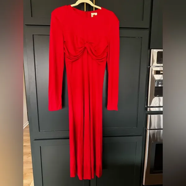 🔥Farm Rio Red Knot Front Maxi Dress Long Sleeve Bodycon Elegant ~ L - Image 3